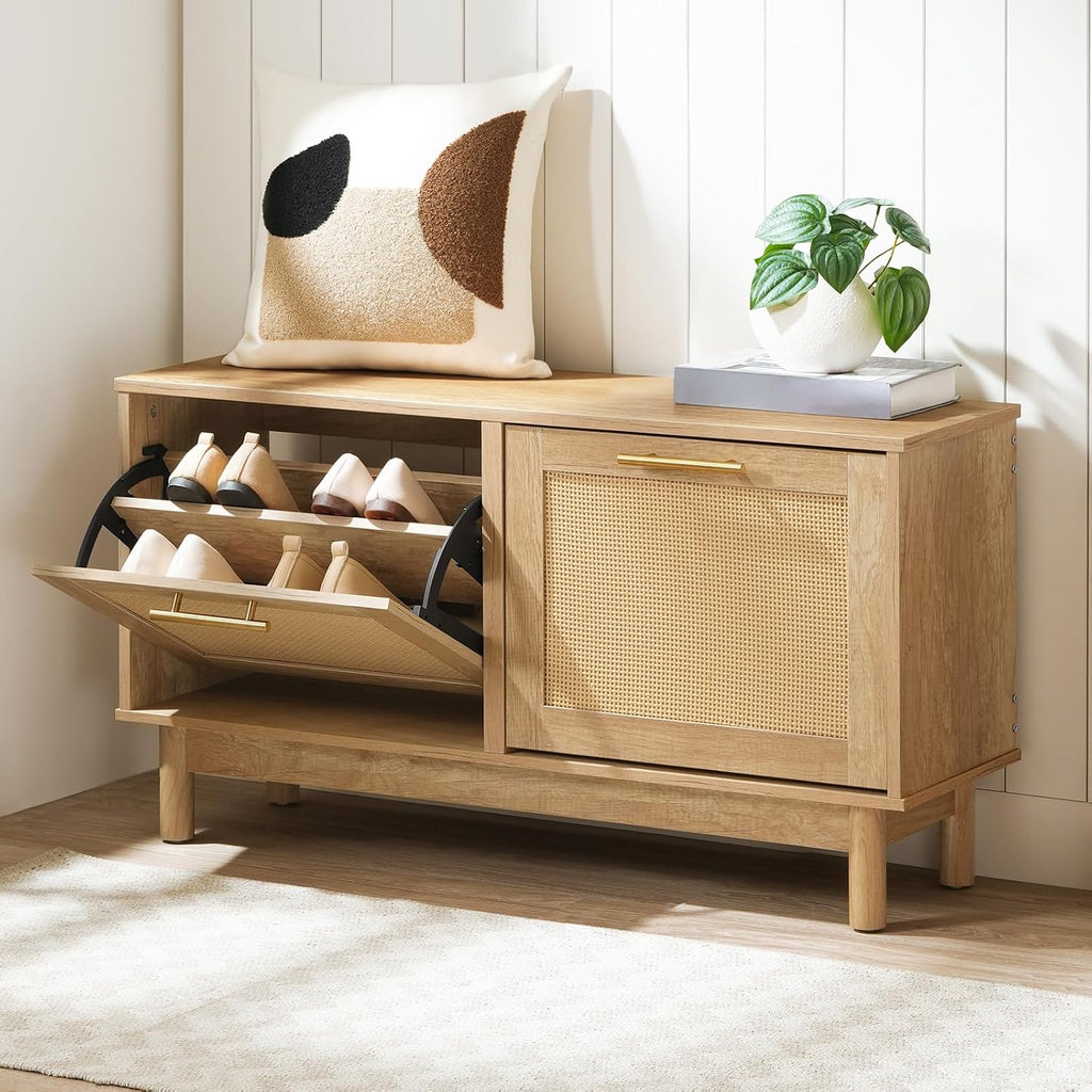 Natural Rattan Flip Drawer Shoe Storage Bench