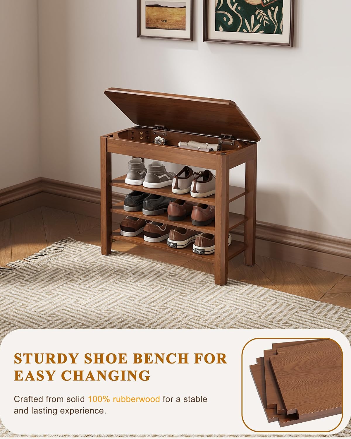 Mid-Century Rubberwood 3-Tier Shoe Bench
