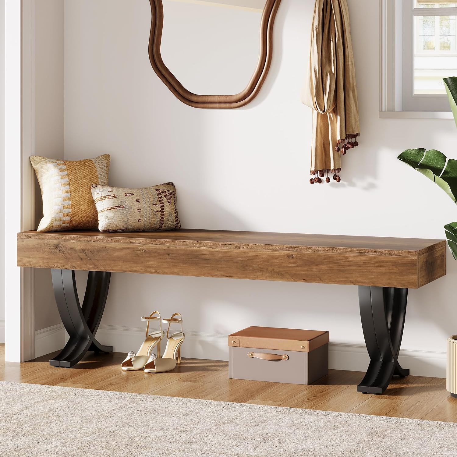 55 Inch Industrial Wood Shoe Bench with Metal X Legs