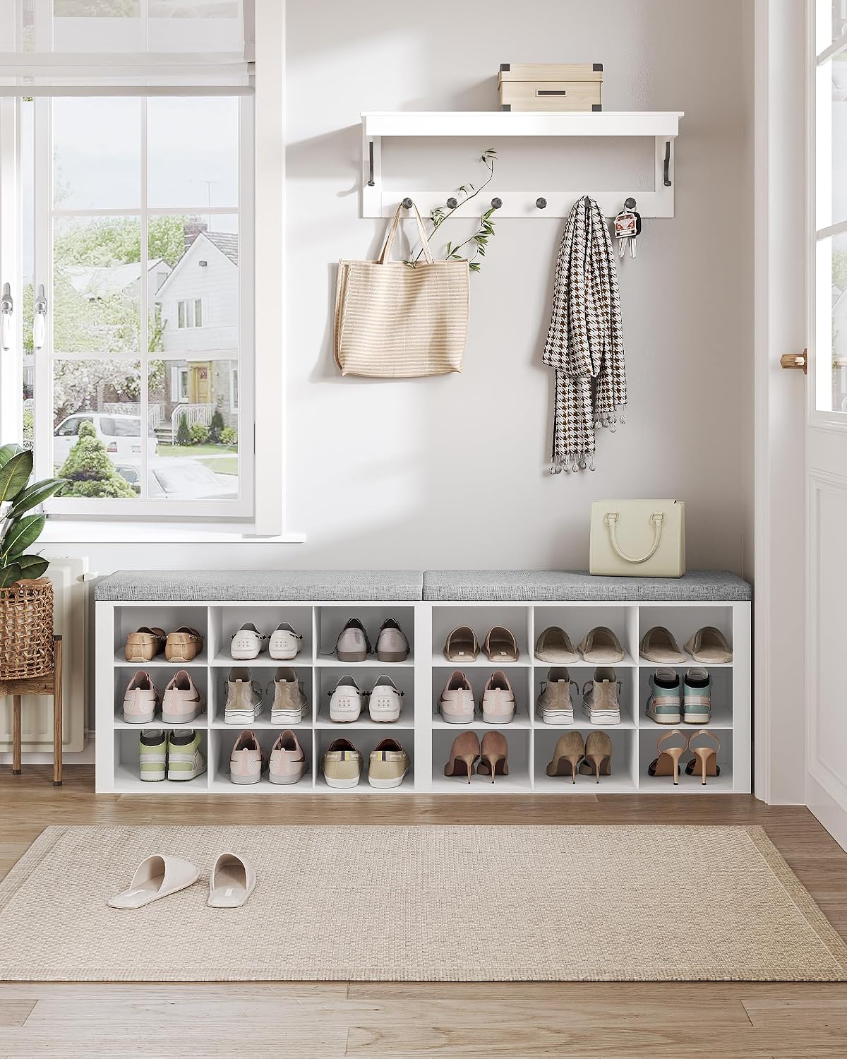 White Cushioned Entryway Shoe Storage Bench