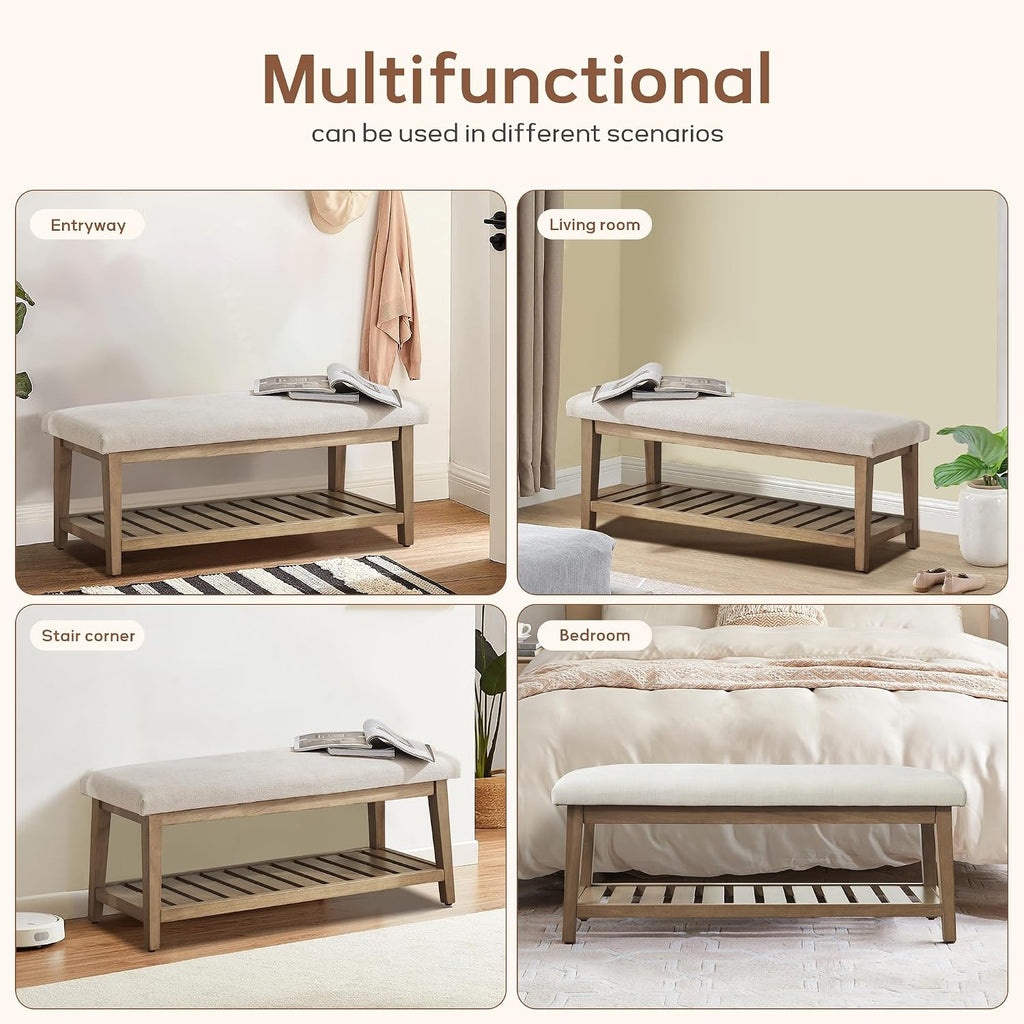 Beige Chenille Storage Shoe Bench