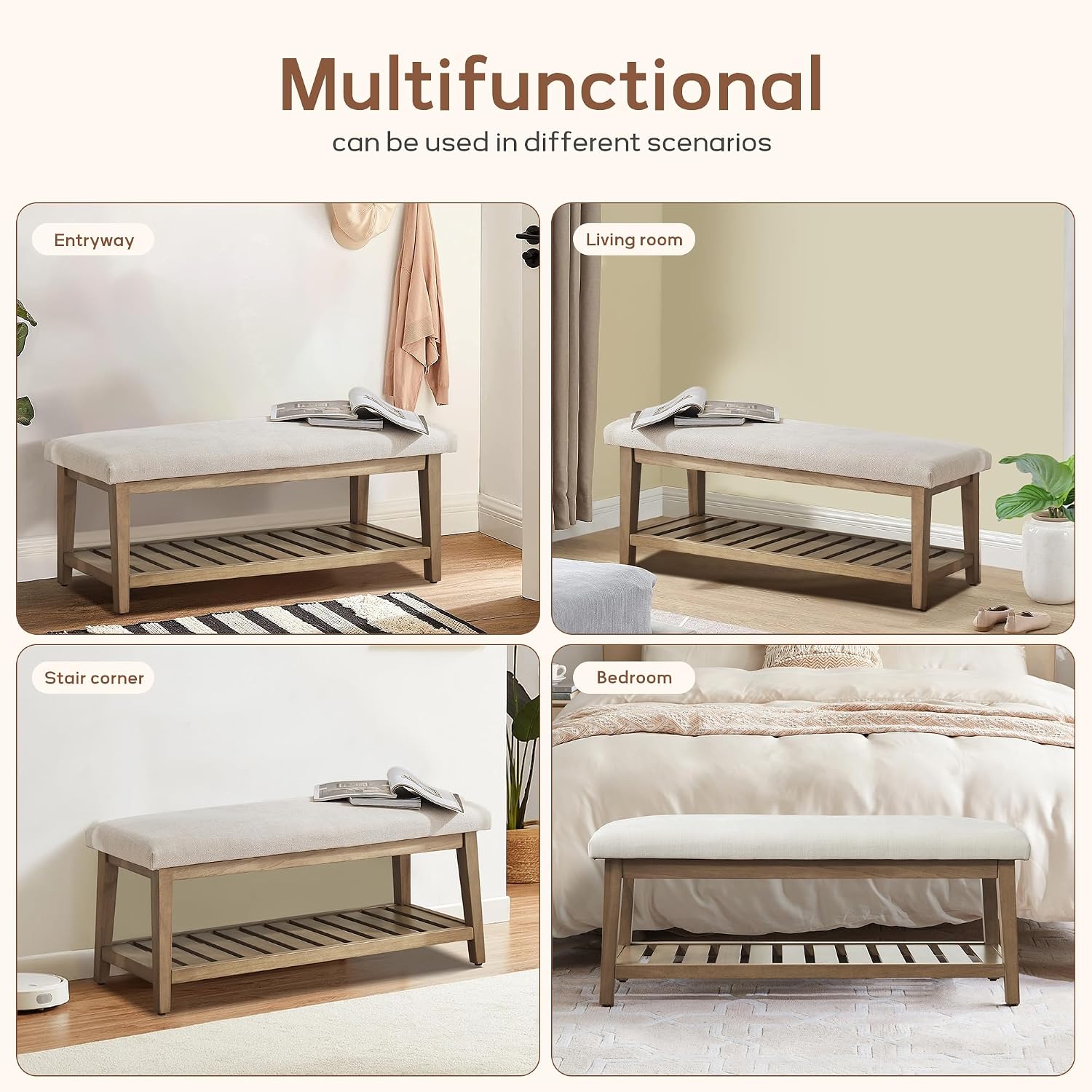 Beige Chenille Storage Shoe Bench