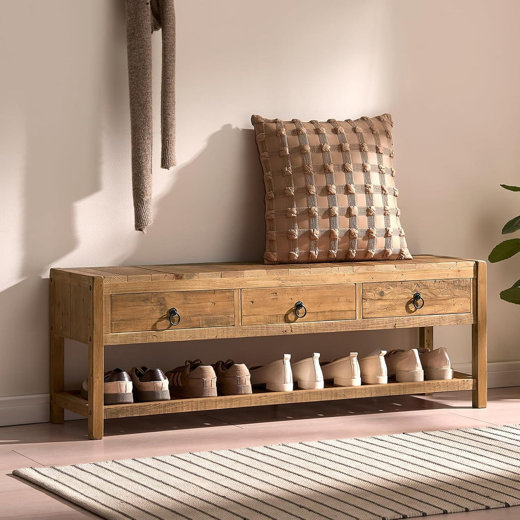Natural Finish Rustic Wood Bench with Drawers & Storage Shelf