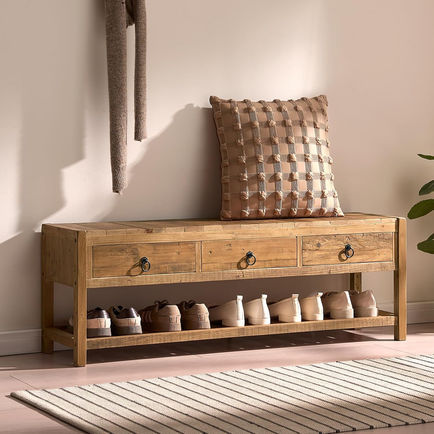 Natural Finish Rustic Wood Bench with Drawers & Storage Shelf