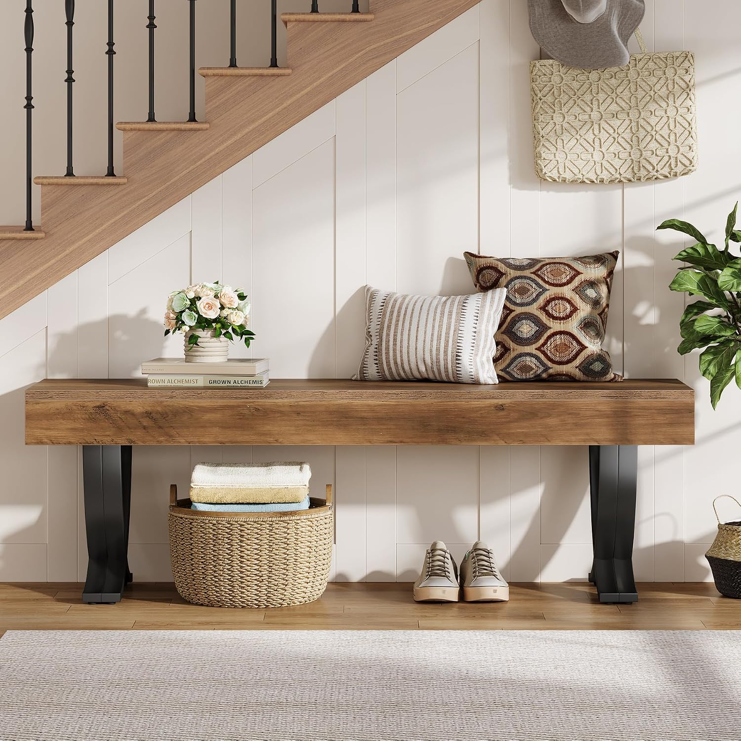 55 Inch Industrial Wood Shoe Bench with Metal X Legs