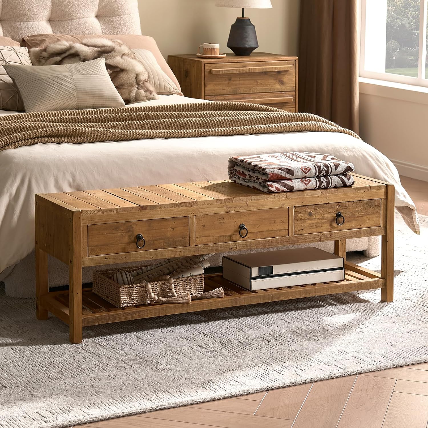 Natural Finish Rustic Wood Bench with Drawers & Storage Shelf