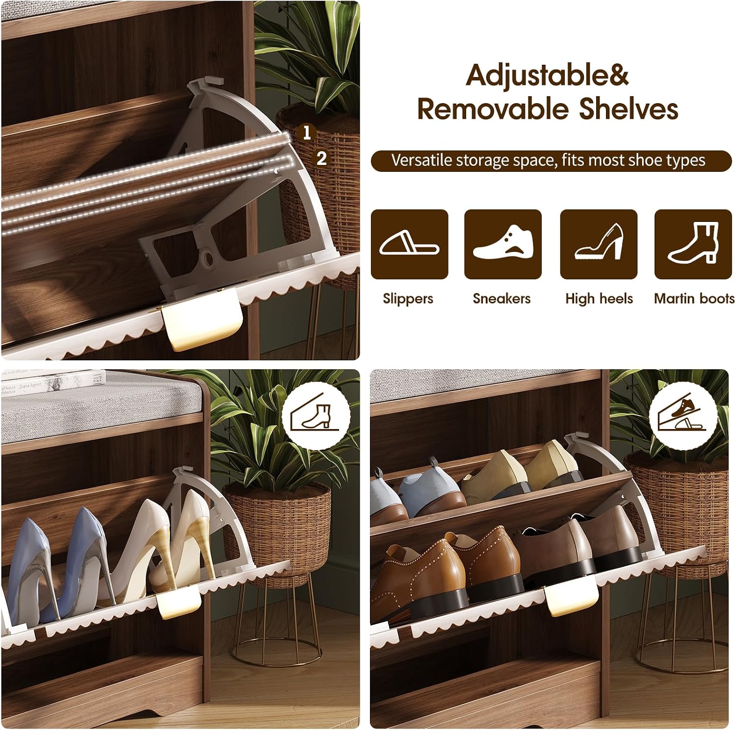 Walnut Fluted Storage Shoe Bench