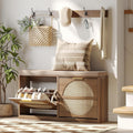 Rustic Oak Rattan Hall Tree Shoe Bench