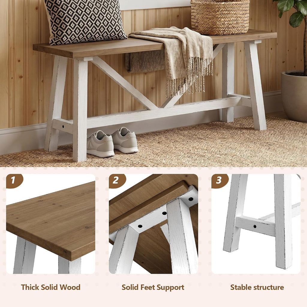 43 Inch White Farmhouse Solid Wood Bench