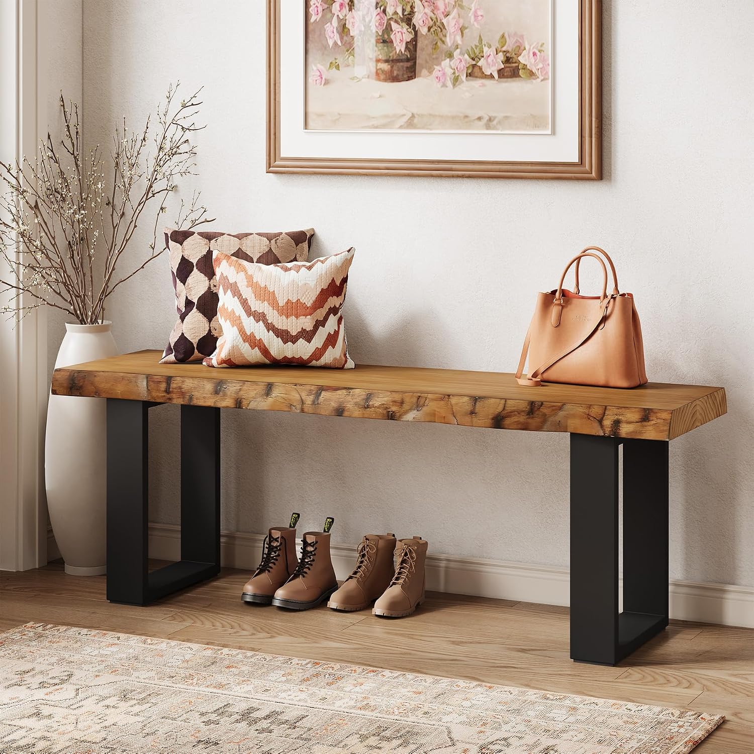 47 Inch Industrial Wood Shoe Bench with Metal Legs