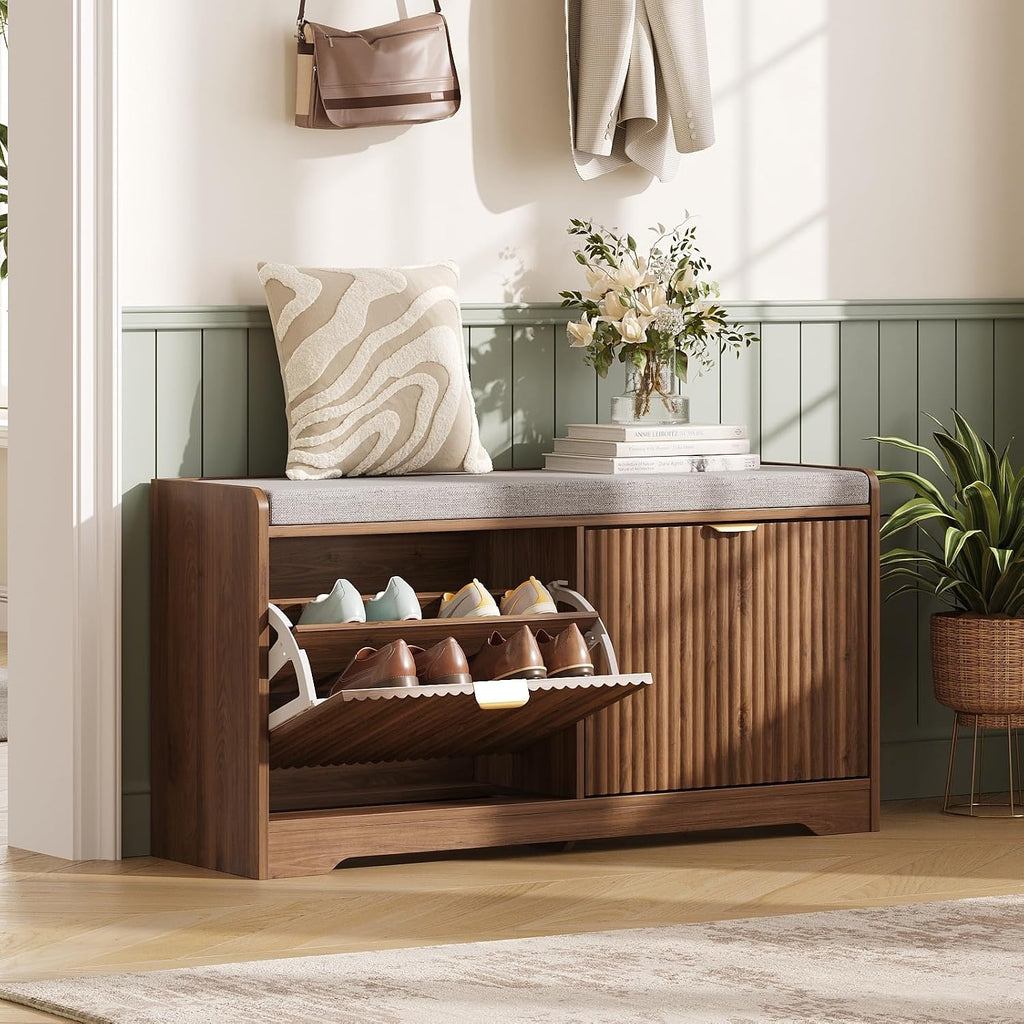 Walnut Fluted Storage Shoe Bench