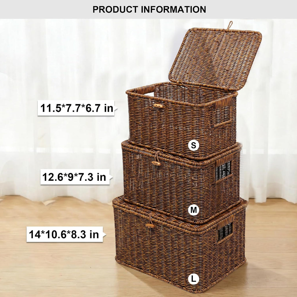 Brown Stackable Plastic Wicker Baskets with Lids