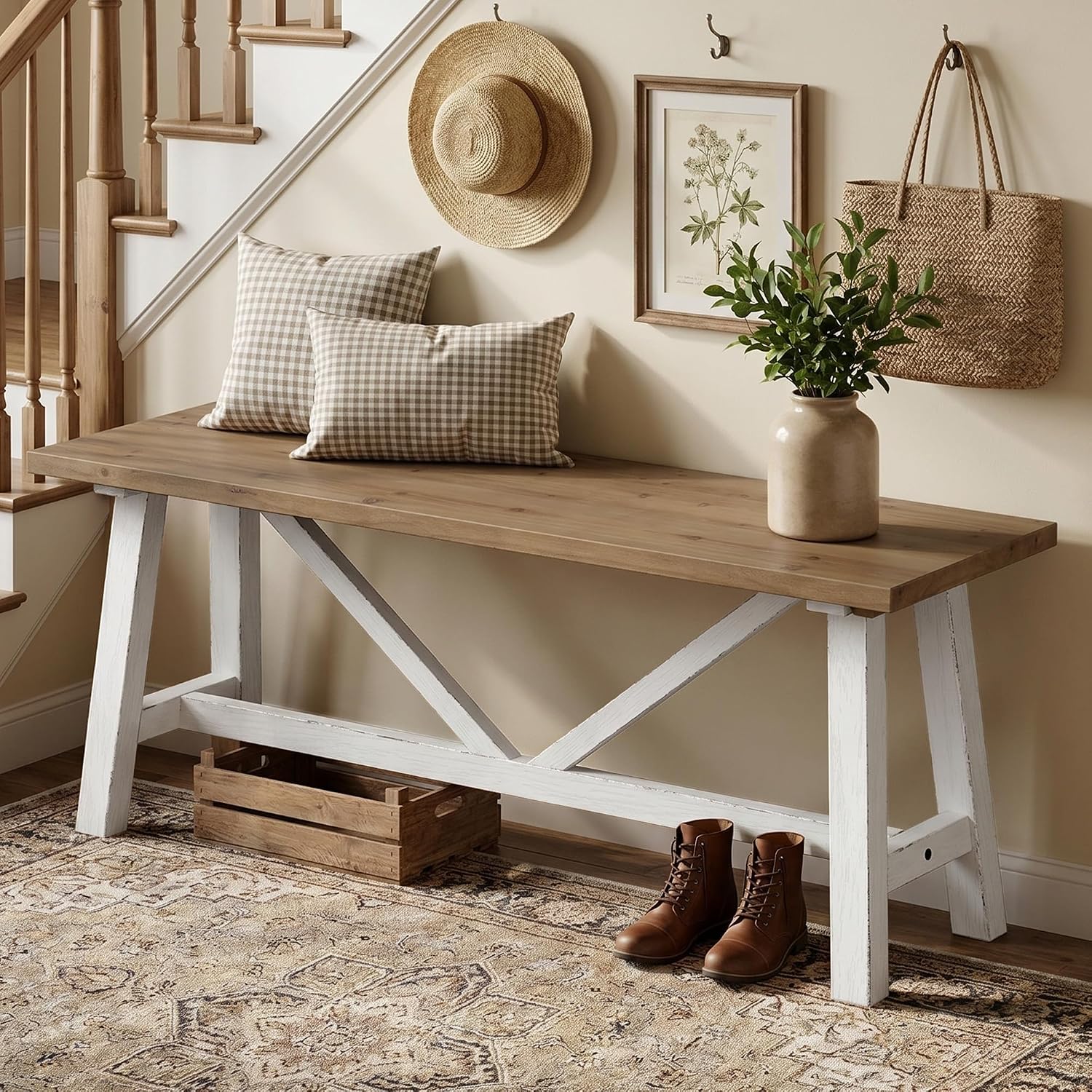 43 Inch White Farmhouse Solid Wood Bench