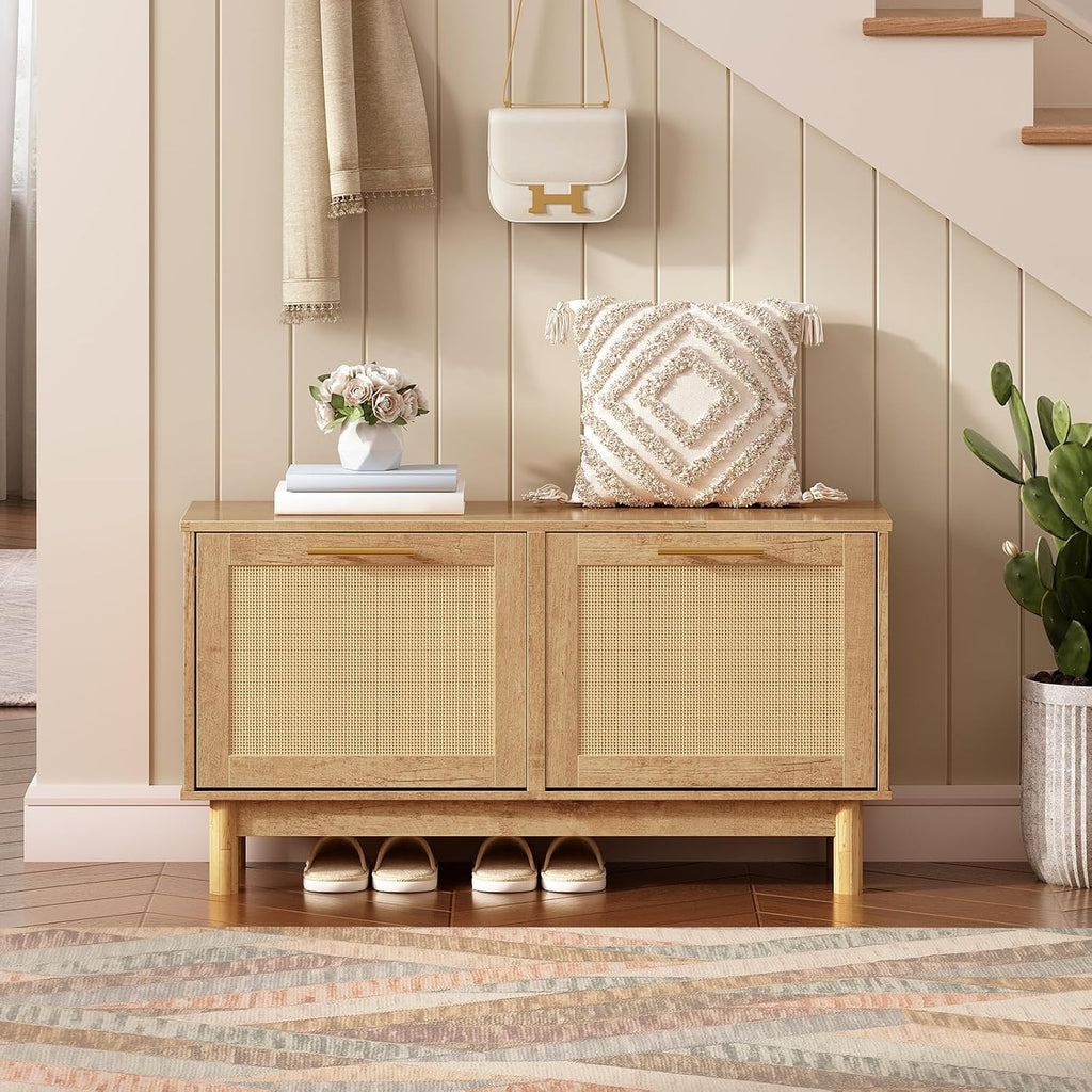 Natural Rattan Flip Drawer Shoe Storage Bench