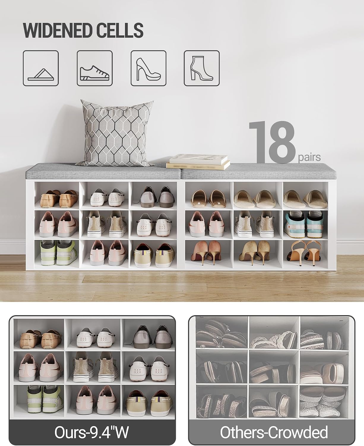 White Cushioned Entryway Shoe Storage Bench