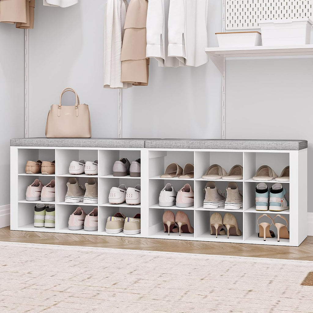 White Cushioned Entryway Shoe Storage Bench