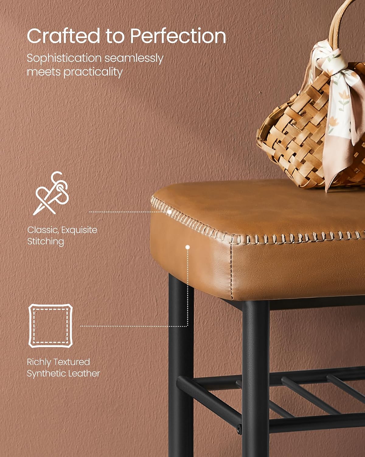 Caramel Brown Mid-Century Leather Shoe Bench