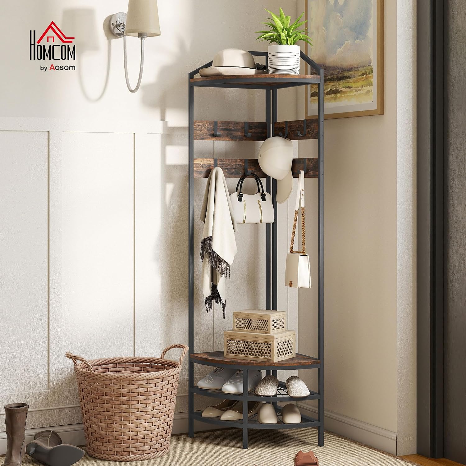 Brown Industrial Corner Hall Tree Rack
