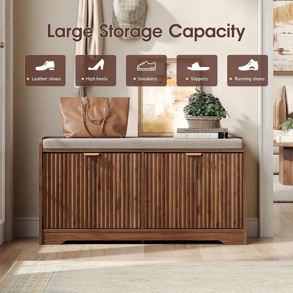 Walnut Fluted Storage Shoe Bench