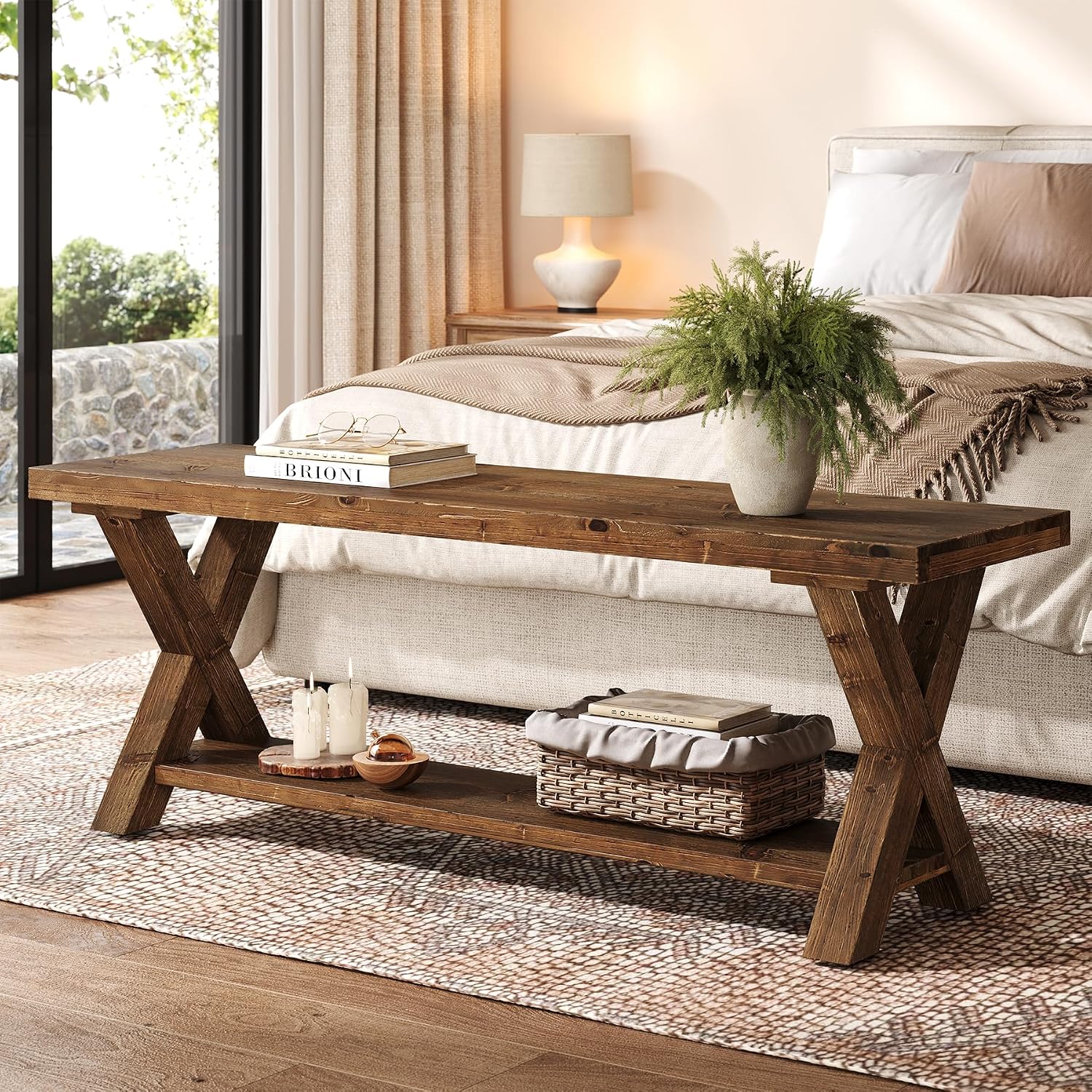 43.3" Wood Bench X Legs Storage Shelf