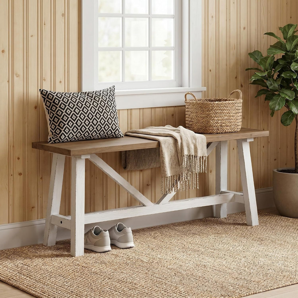 43 Inch White Farmhouse Solid Wood Bench