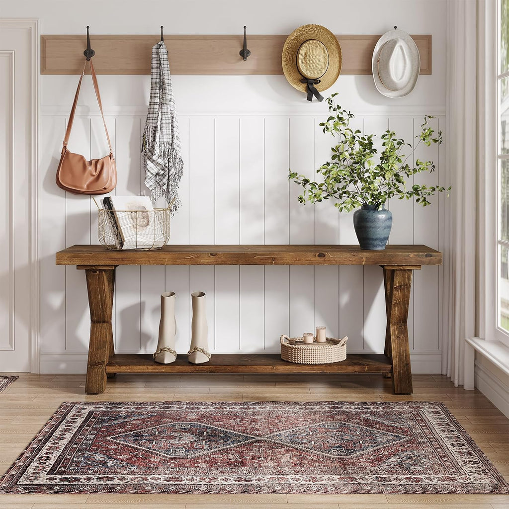 43.3" Wood Bench X Legs Storage Shelf