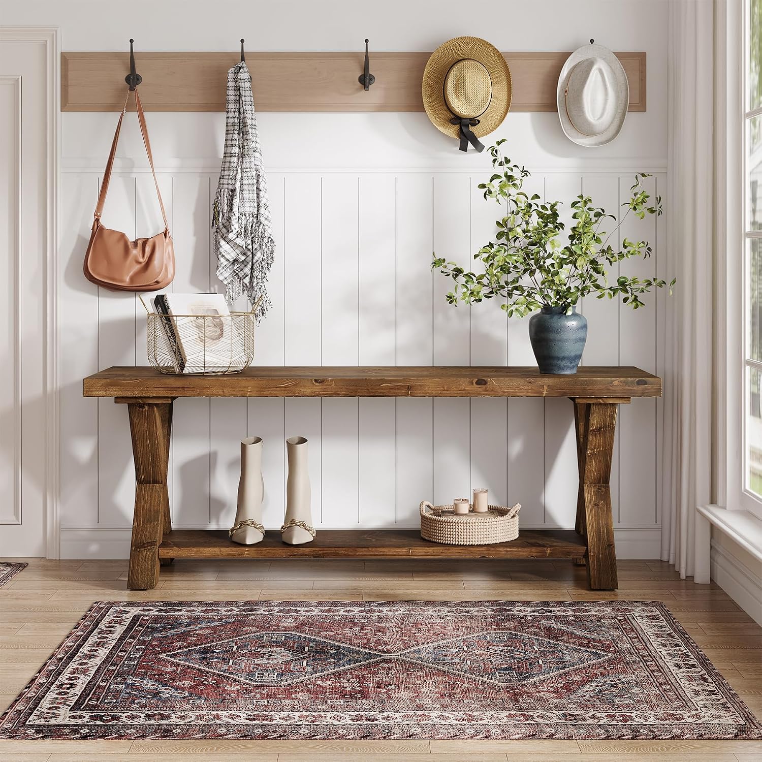 43.3" Wood Bench X Legs Storage Shelf