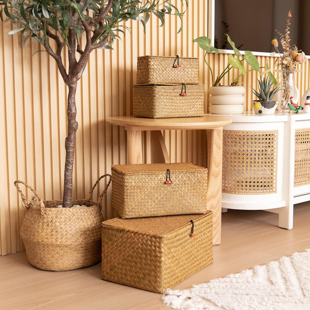 4 Pack Seagrass Storage Baskets with Lids
