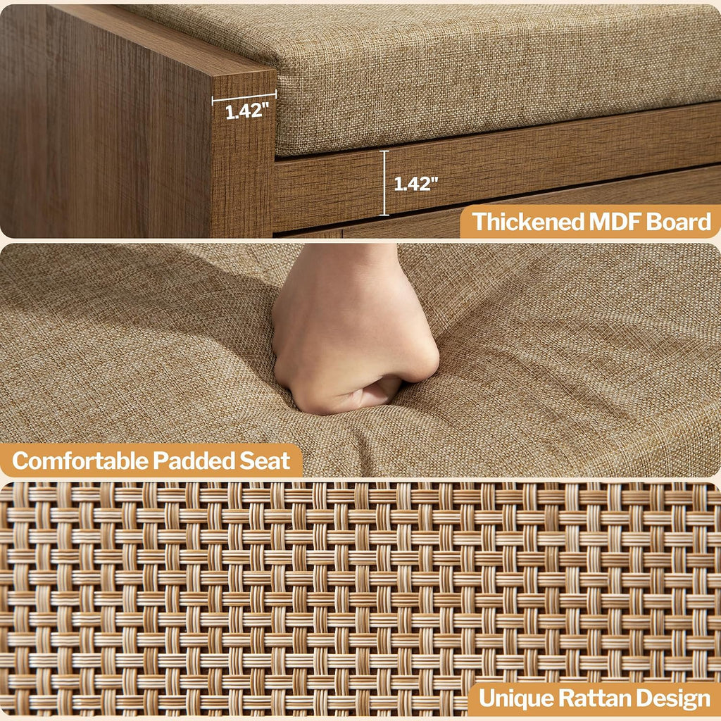 Caramel Oak Rattan Farmhouse Shoe Bench