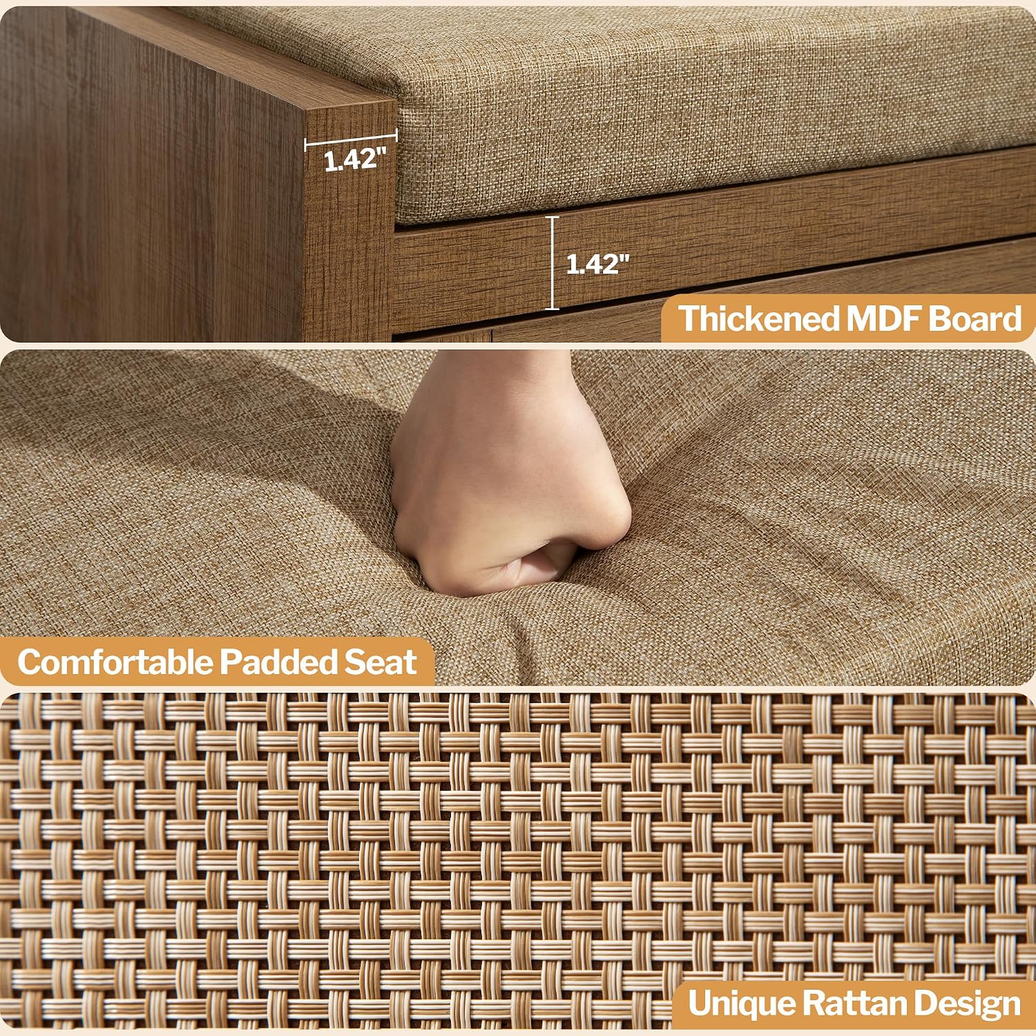 Caramel Oak Rattan Farmhouse Shoe Bench