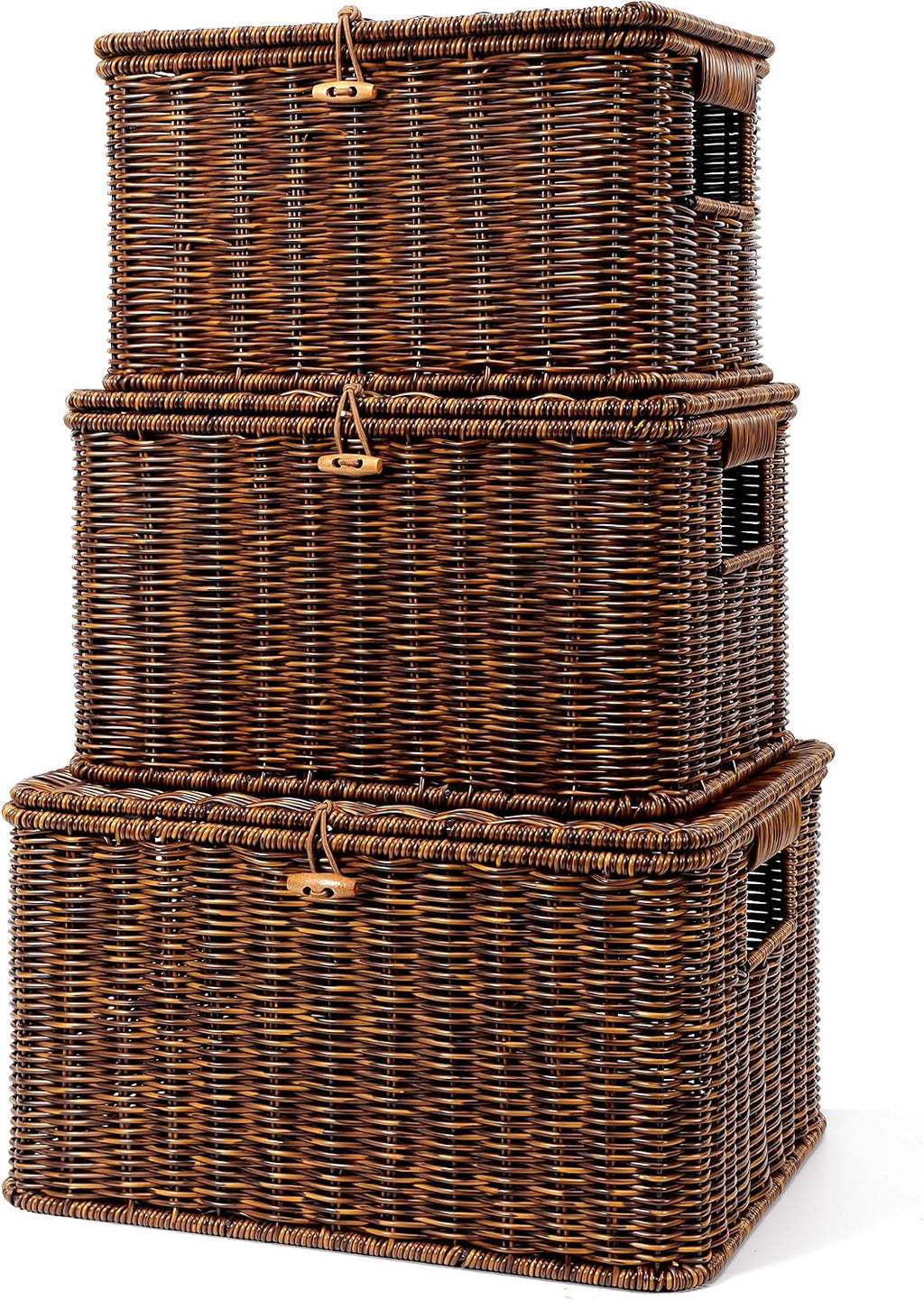 Brown Stackable Plastic Wicker Baskets with Lids