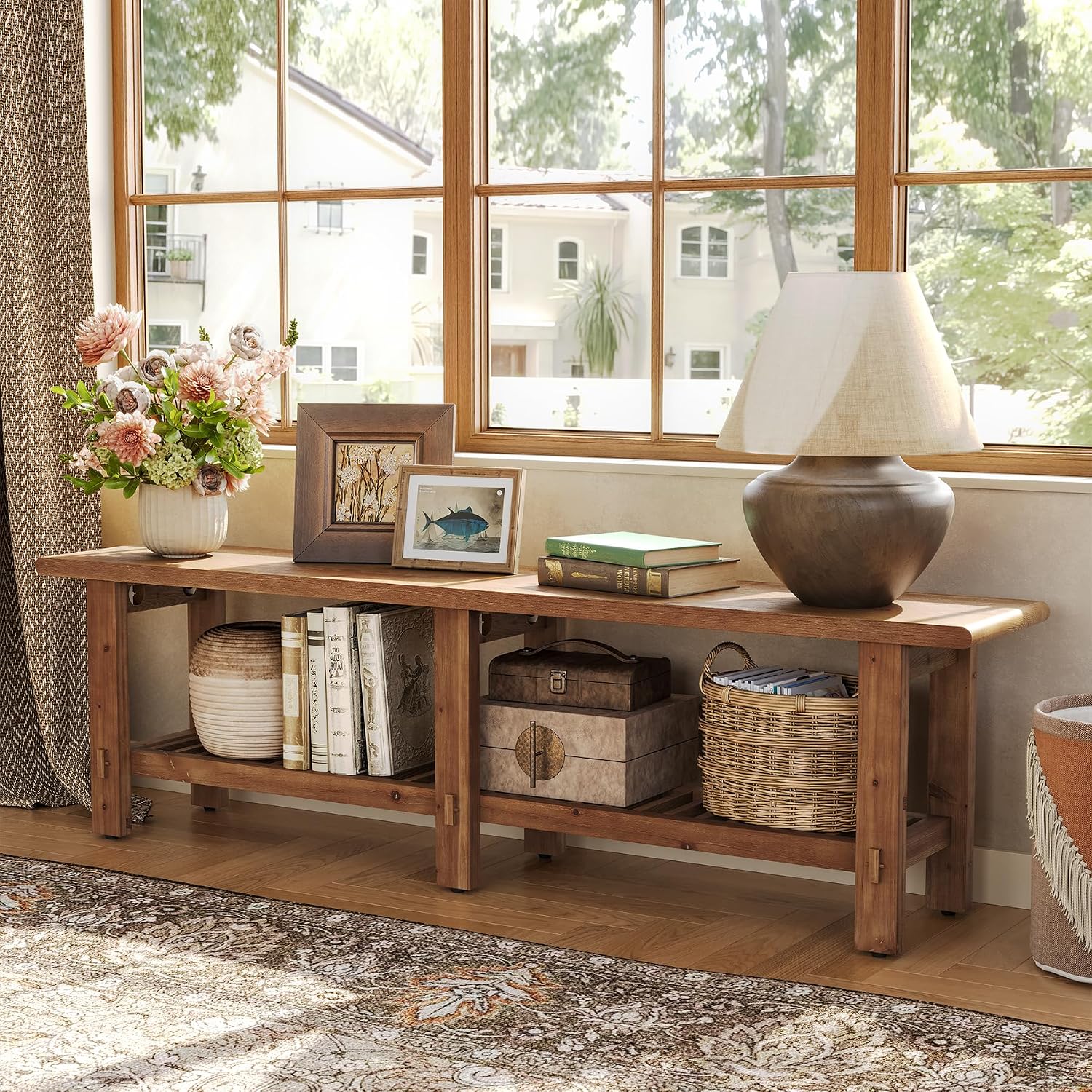 63" Brown Farmhouse Storage Shoe Bench