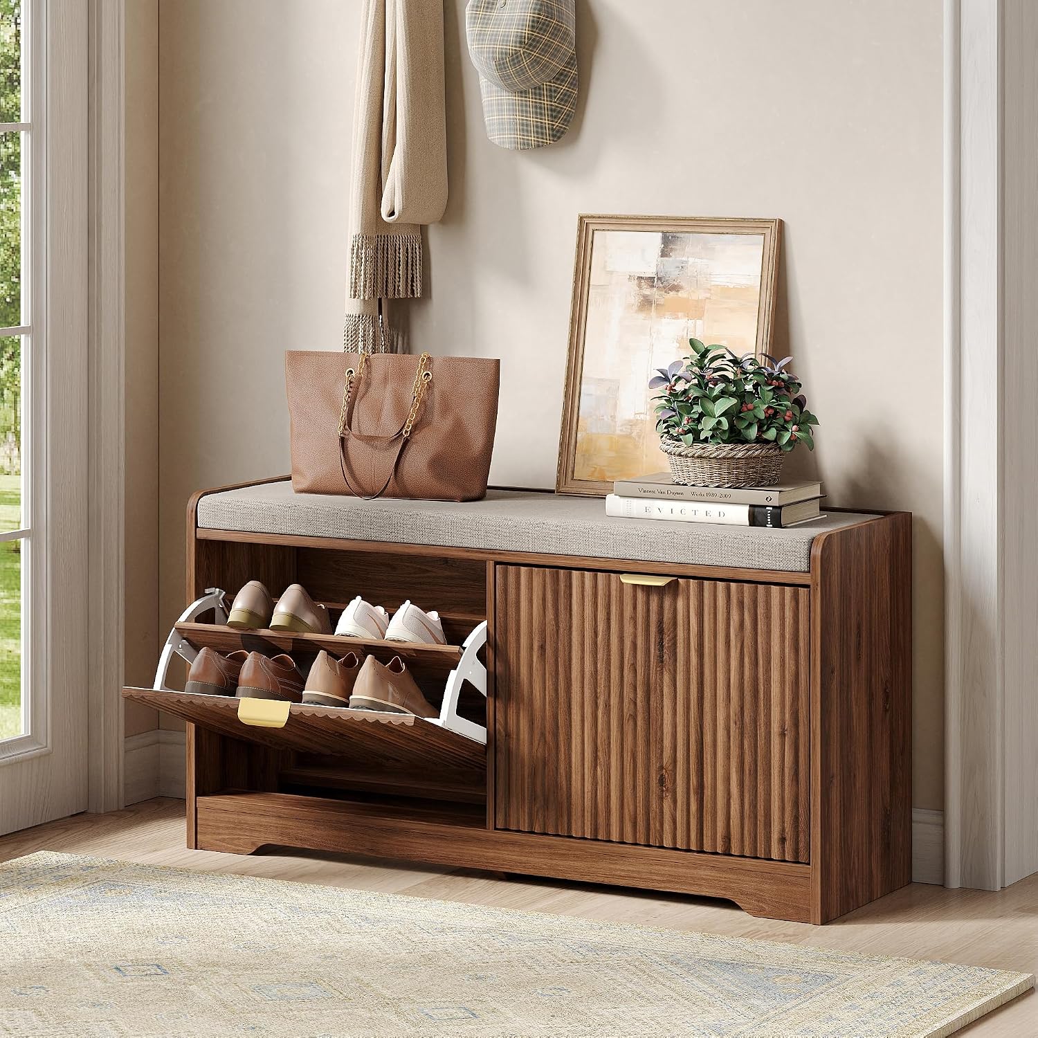 Walnut Fluted Storage Shoe Bench