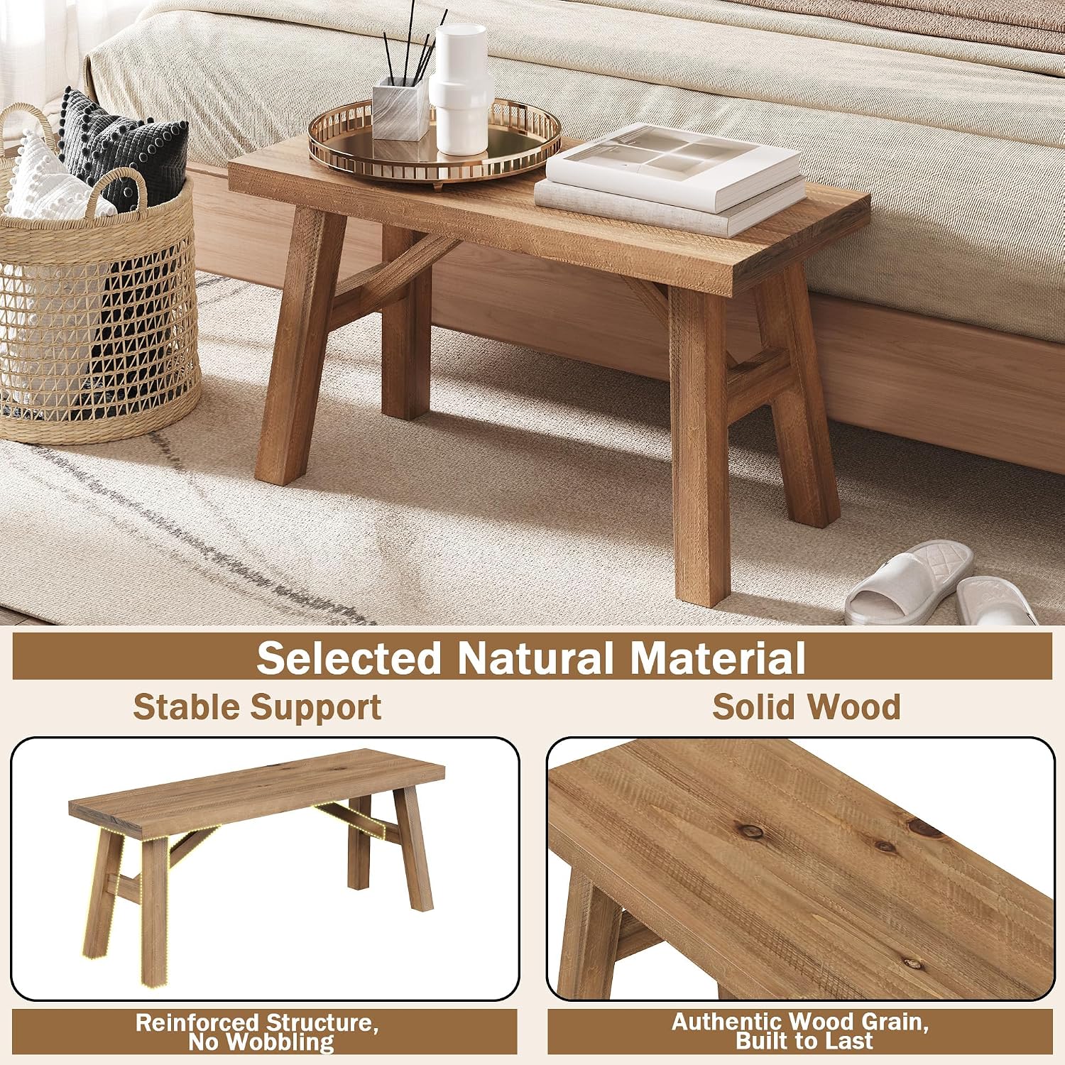 43" Natural Handcrafted Wood Bench